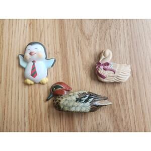 Lot 3 Plastic Animal Magnets Duck Penguin Swan Vintage Style Fridge Decor Set